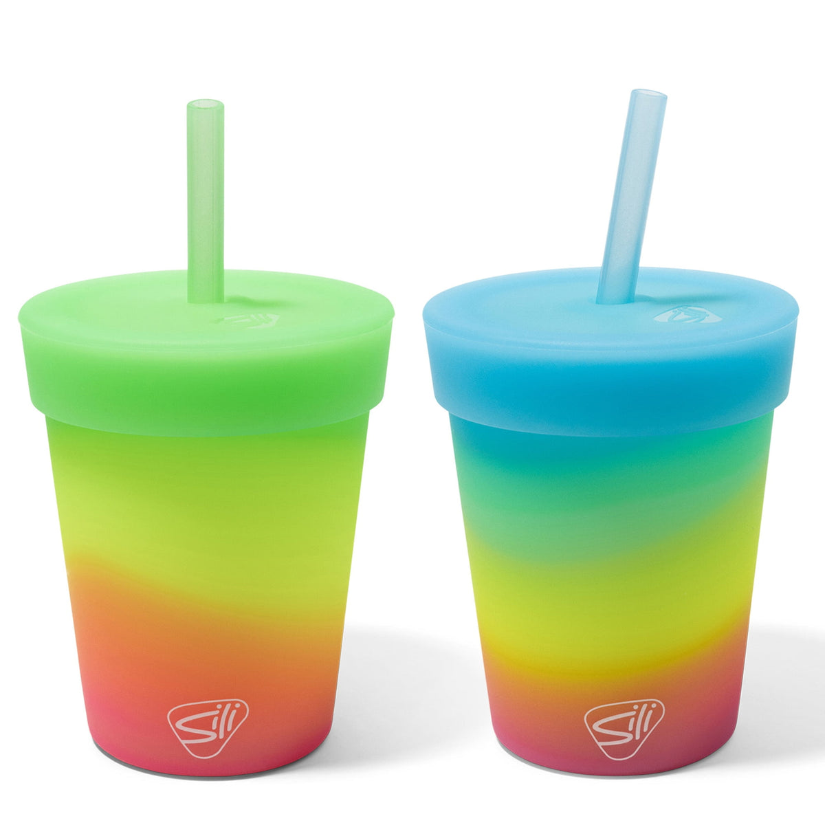 Silipint: Kids Straw Tumblers 8oz: 2 Pack - Glow Blue Ombre & Glow Green Ombre - Silicone Unbreakable Cups w/ No Leak Lids, H