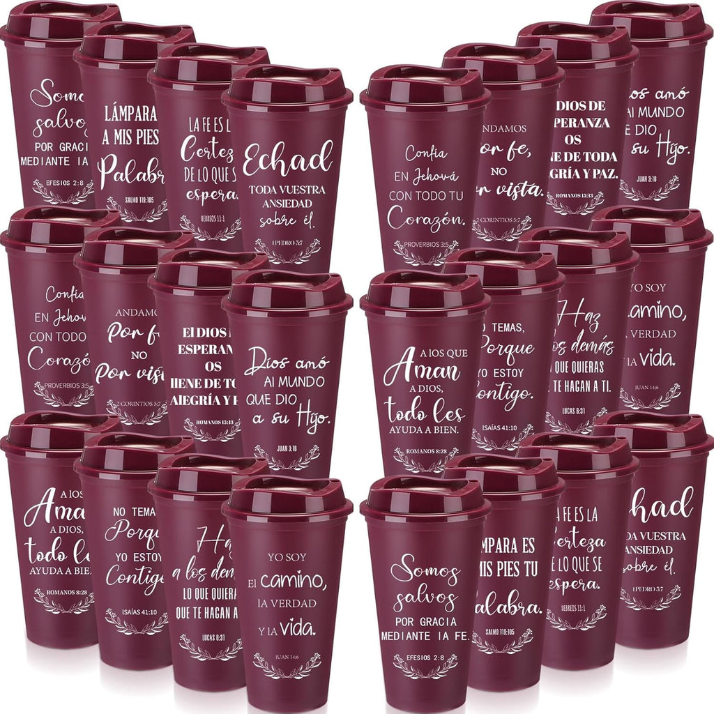 Spanish Bible Verse Tumblers Bulk, 16 oz Reusable Christian Cups with Lids, Plastic Coffee Cups for Church Events, Bible Stud