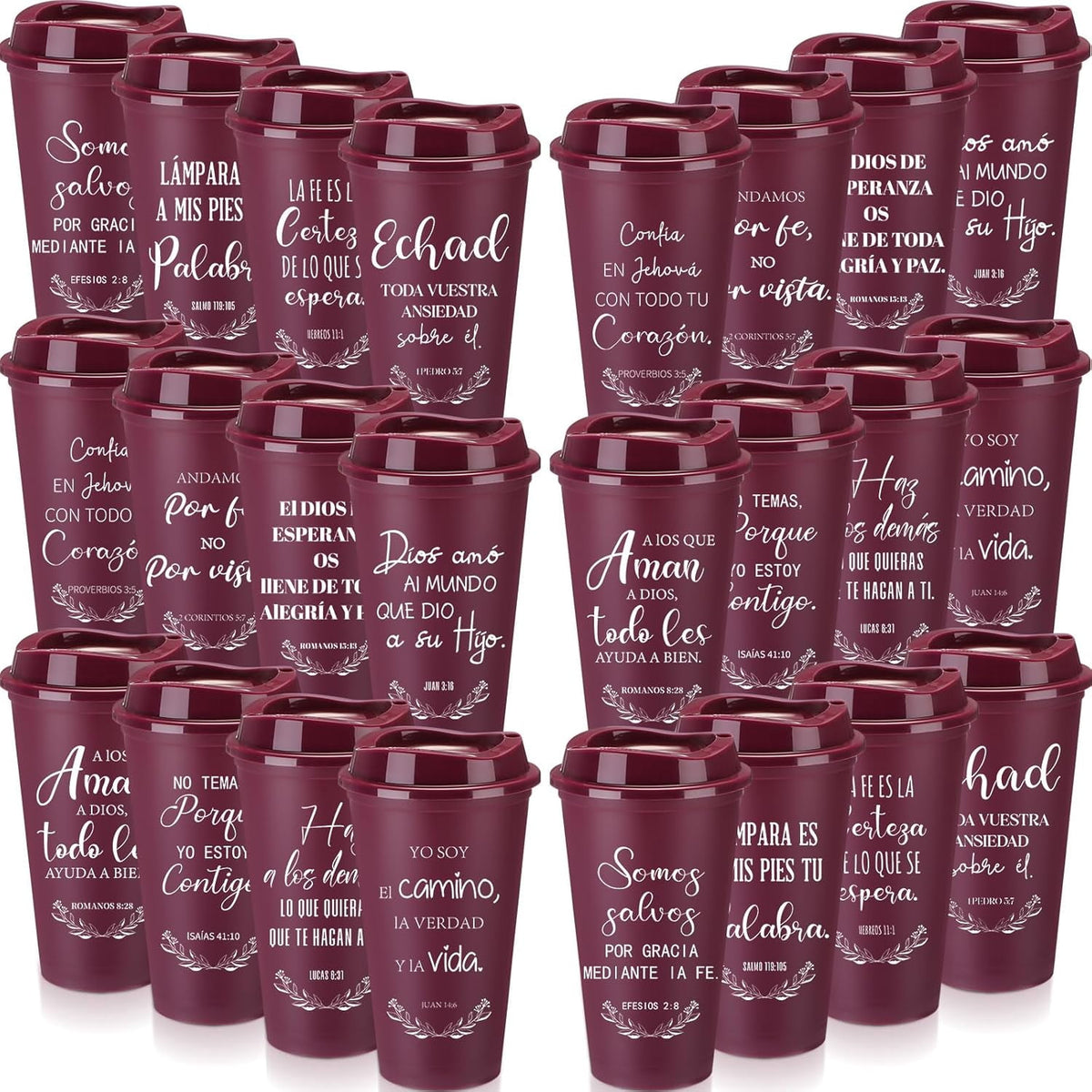 Spanish Bible Verse Tumblers Bulk, 16 oz Reusable Christian Cups with Lids, Plastic Coffee Cups for Church Events, Bible Stud