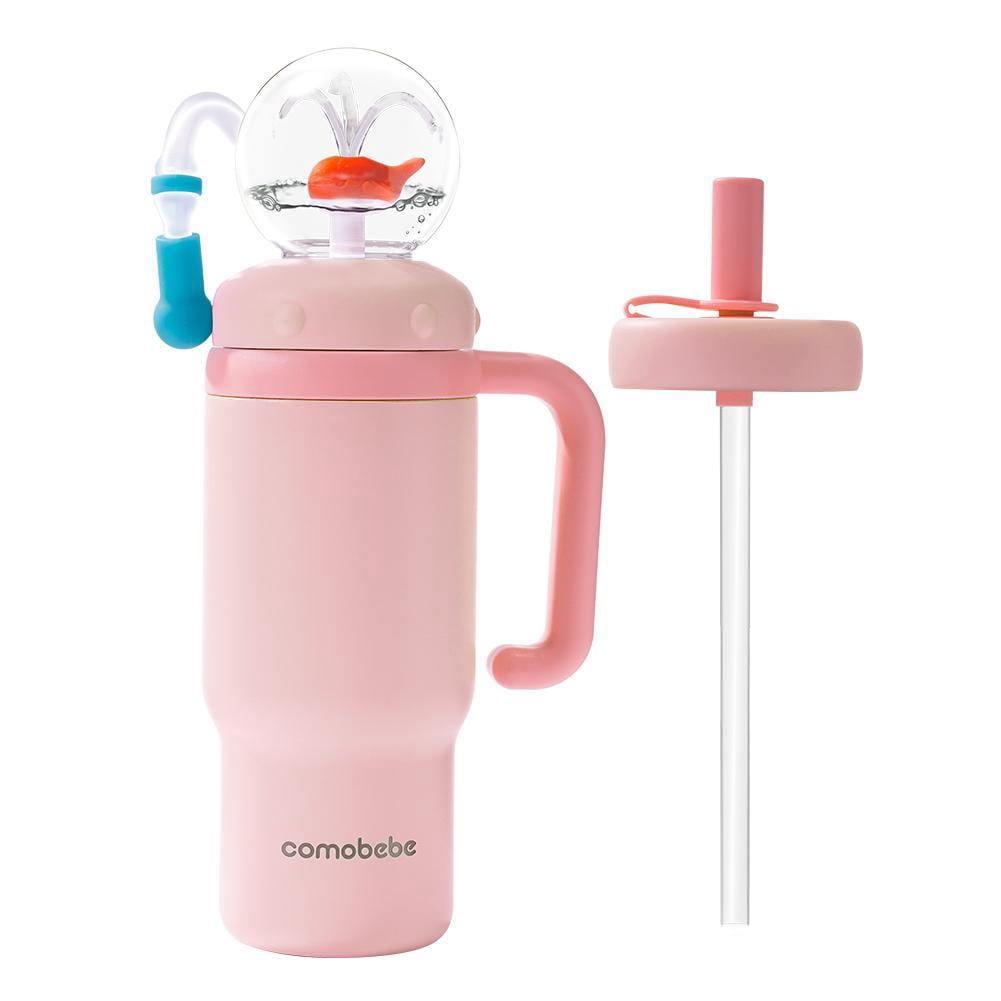 Stainless Steel Whale Fountain Tumbler, 24oz Insulated Whale Water Bottle with Handle， Two Lids, Spill-Proof, Dishwasher Safe