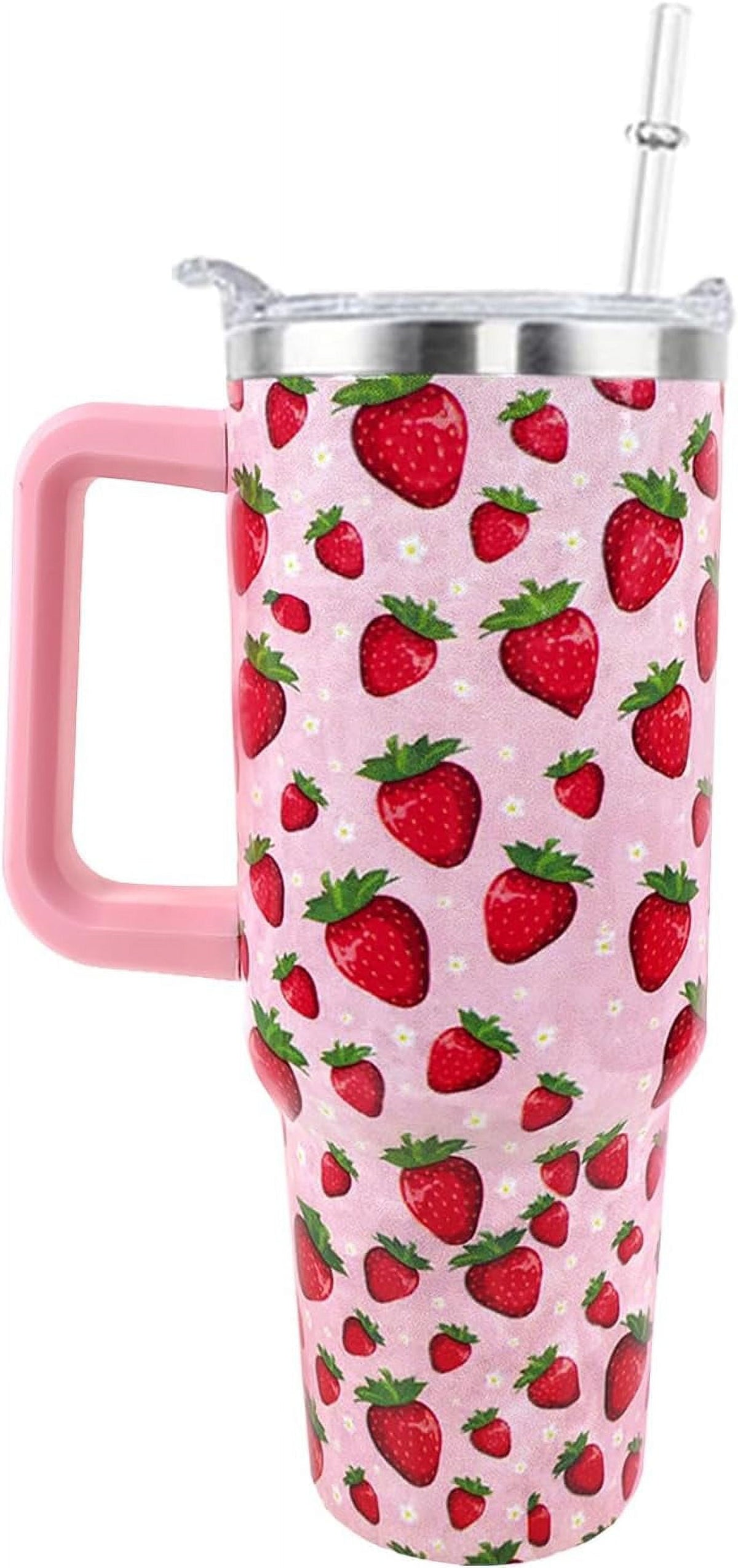 Strawberry Cup 40 OZ Tumbler with Handle and Straw Lid Leak Proof - Strawberry Travel Coffee Mug with Handle Insulated for Ho