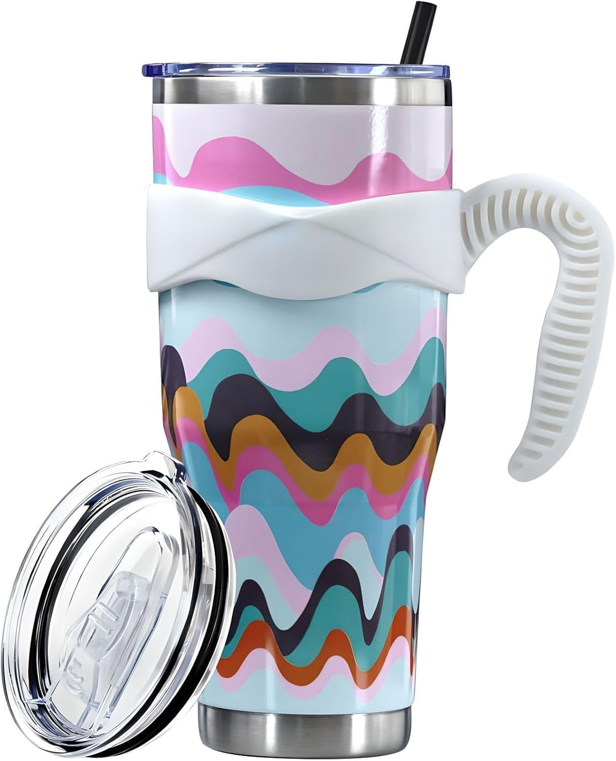 Sunmdecor Pink Leopard Print Tumbler with Handle and Silicone Straws