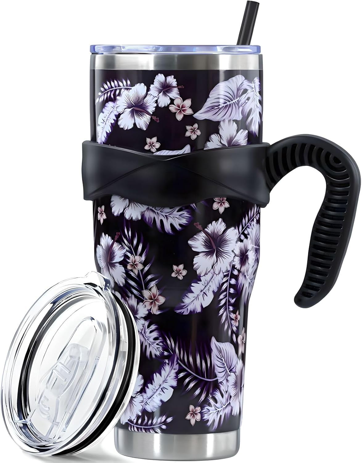 Sunmdecor Pink Leopard Print Tumbler with Handle and Silicone Straws