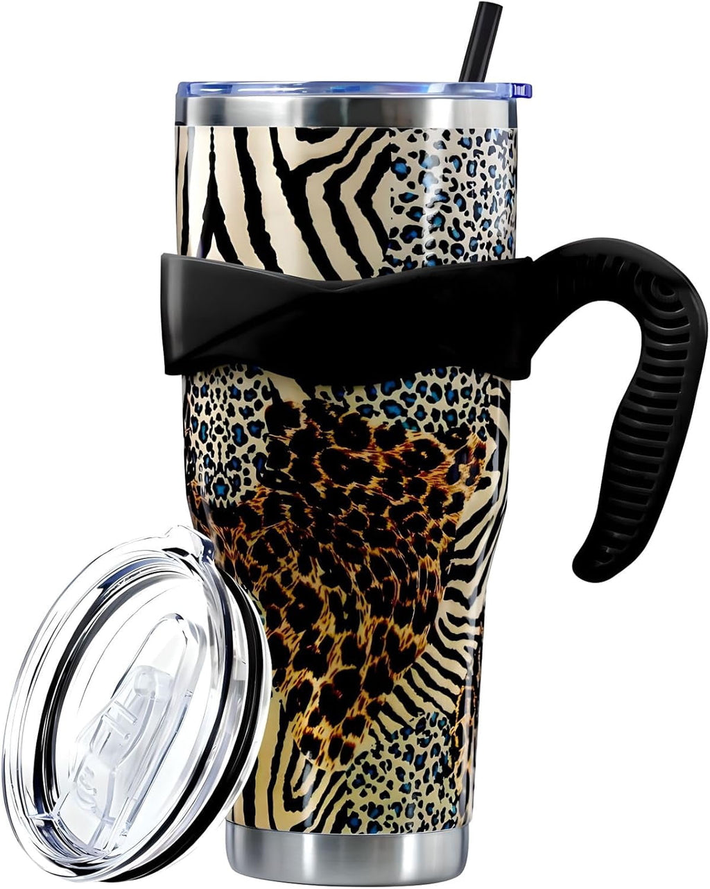 Sunmdecor Pink Leopard Print Tumbler with Handle and Silicone Straws