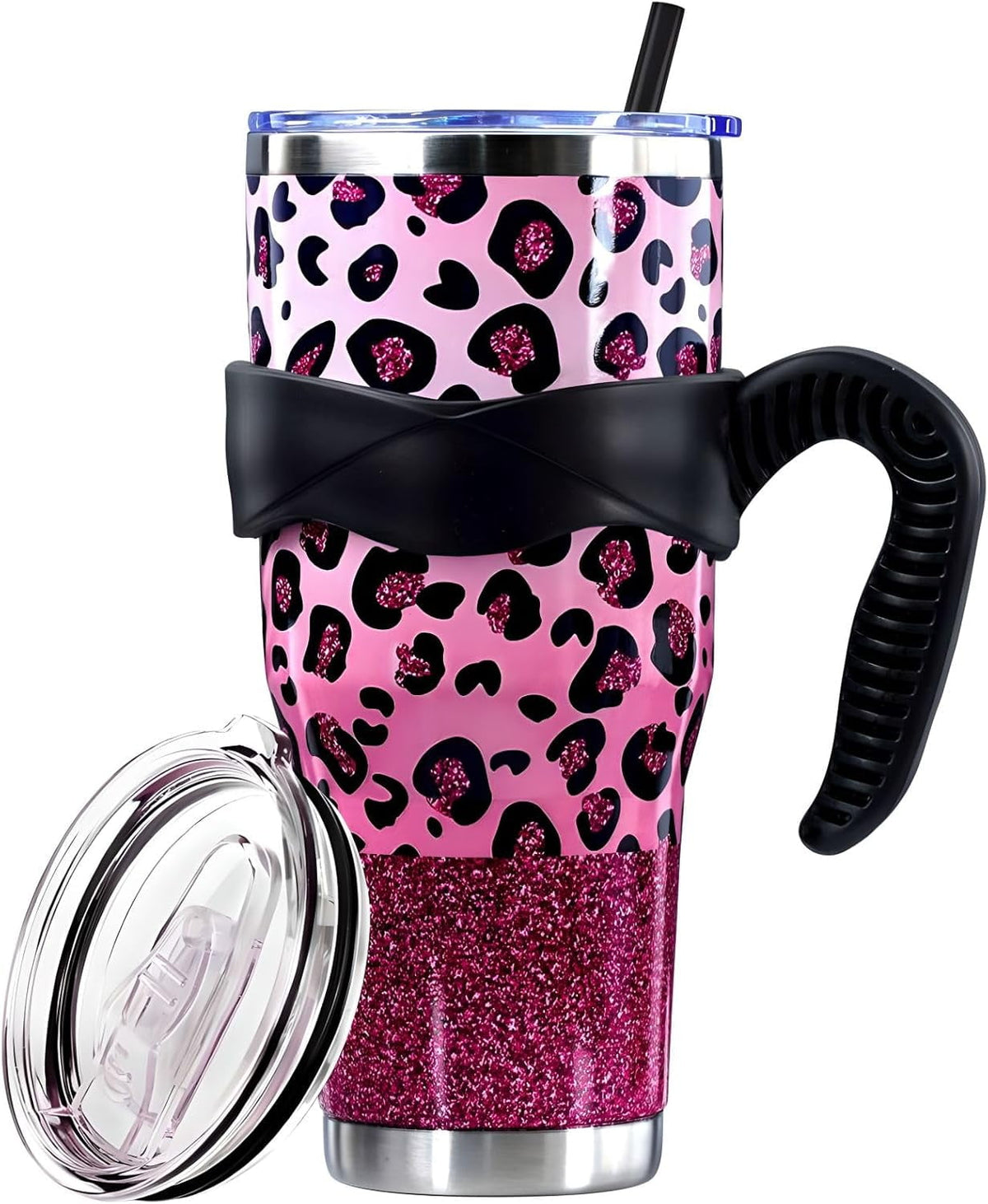 Sunmdecor Pink Leopard Print Tumbler with Handle and Silicone Straws - 40 Oz Cheetah Insulated Tumbler - Leopard Cup Gift for