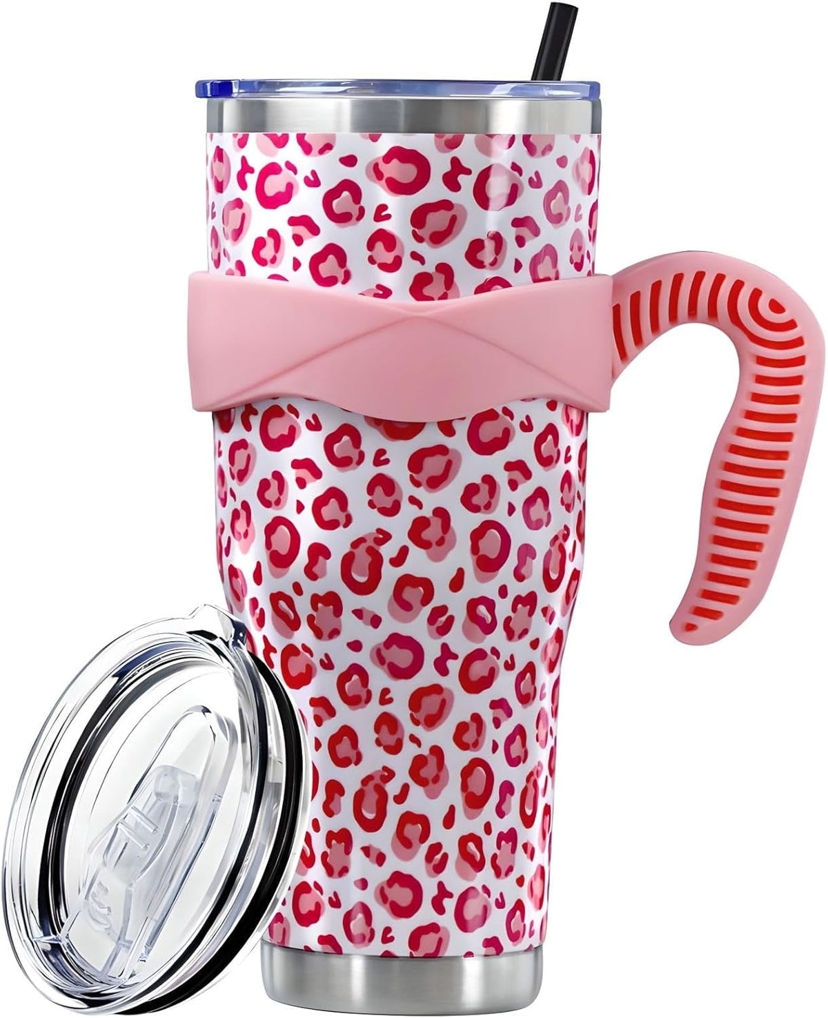 Sunmdecor Pink Leopard Print Tumbler with Handle and Silicone Straws