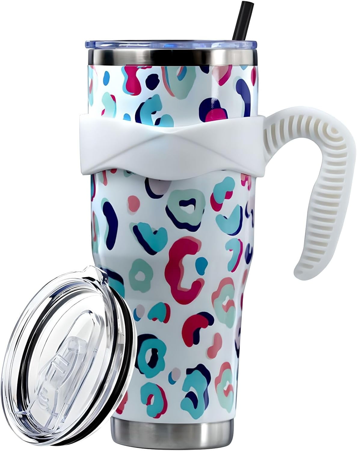 Sunmdecor Pink Leopard Print Tumbler with Handle and Silicone Straws