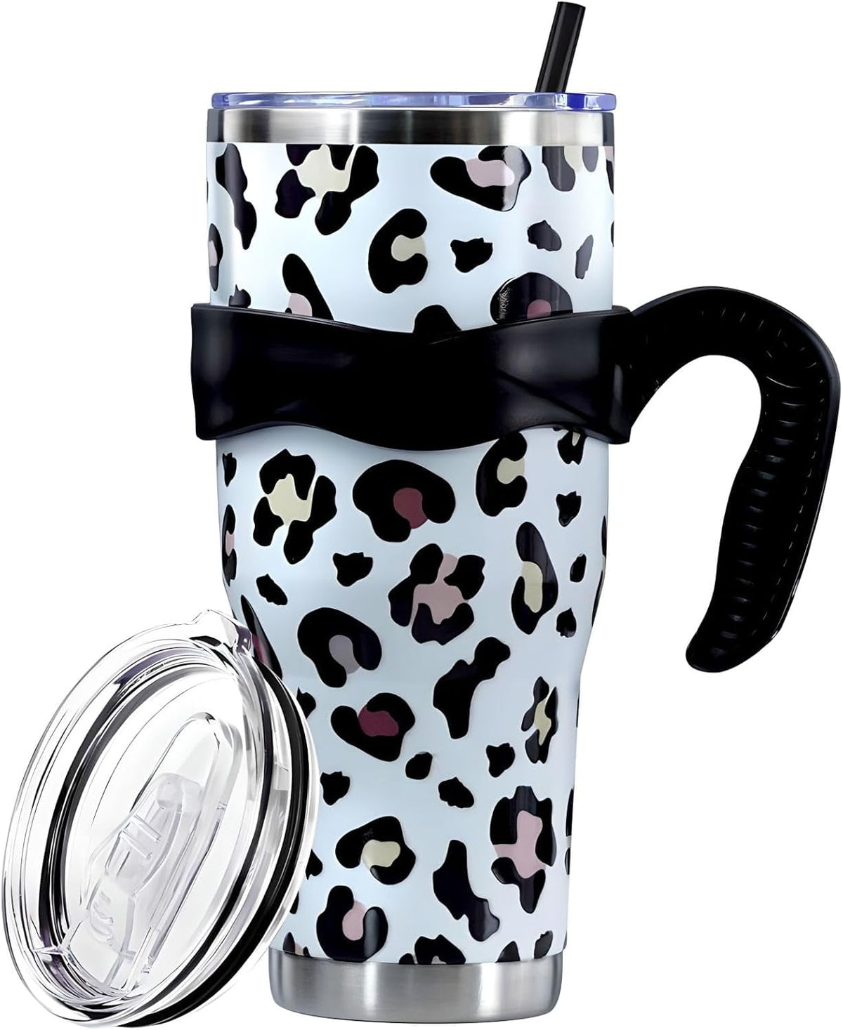 Sunmdecor Pink Leopard Print Tumbler with Handle and Silicone Straws