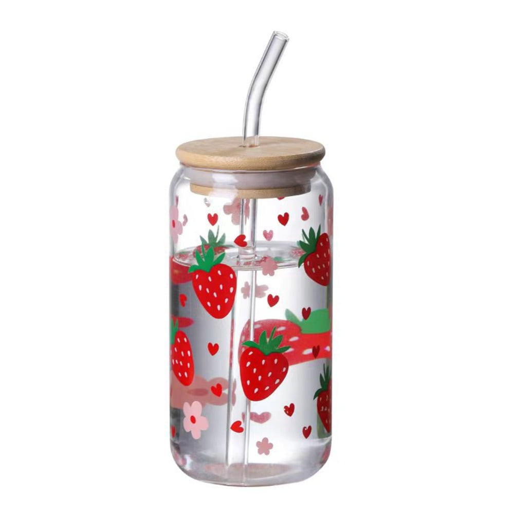 Totoro Hero Kawaii Strawberry Glass Cup With Lid And Straw Drinking Cups Iced Hot Coffee Glasses Cute Tumbler Cup for Kitchen