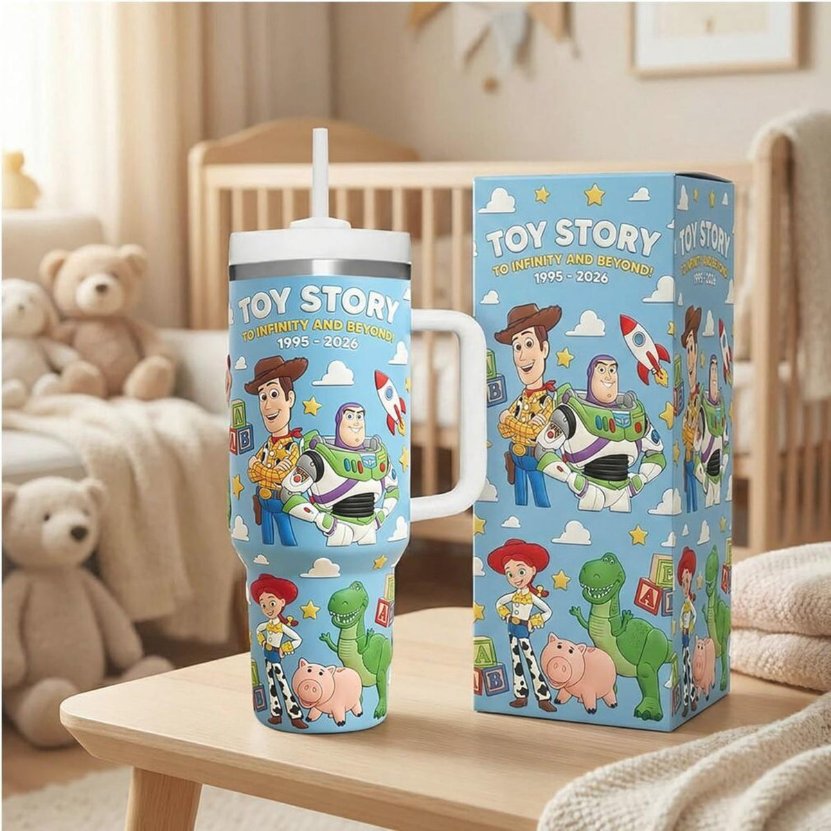 Toy Adventure Anniversary 40oz Tumbler with Handle, Cowboy Toy and Space Ranger Travel Cup, Fairytale Infinity and Beyond Gif