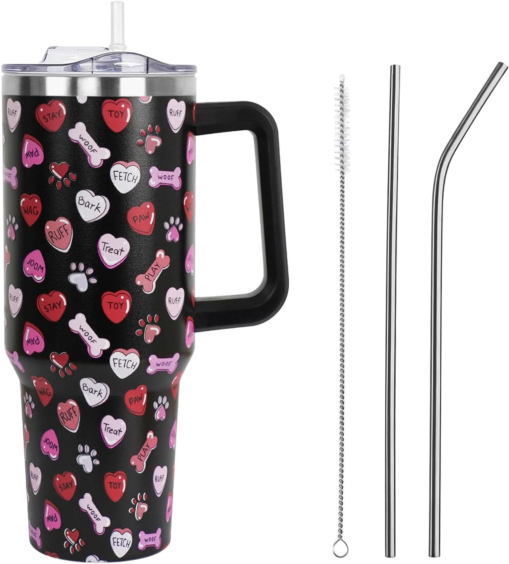 Valentines Day Gifts 40 oz Tumbler with Handle and Straw Lid,Valentine''s Day Gift for Her Women Girlfriend Wife Dog Bones an
