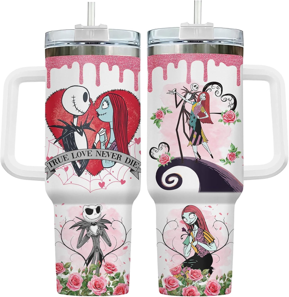 Valentines Day Gifts for Him Her, Jack Skeleton 40 Oz Tumbler with Handle, Horror Valentines Cup, Nightmare Before Characters