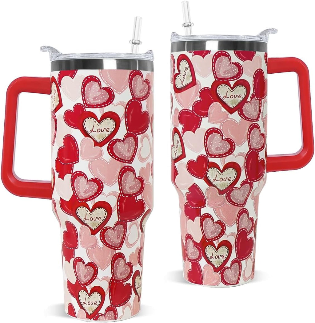 Valentines Tumbler with Handle 40 oz Red Love Hearts Coffee Travel Mug Stainless Steel Insulated Cup Valentines Anniversary W