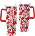 Valentines Tumbler with Handle 40 oz Red Love Hearts Coffee Travel Mug Stainless Steel Insulated Cup Valentines Anniversary W