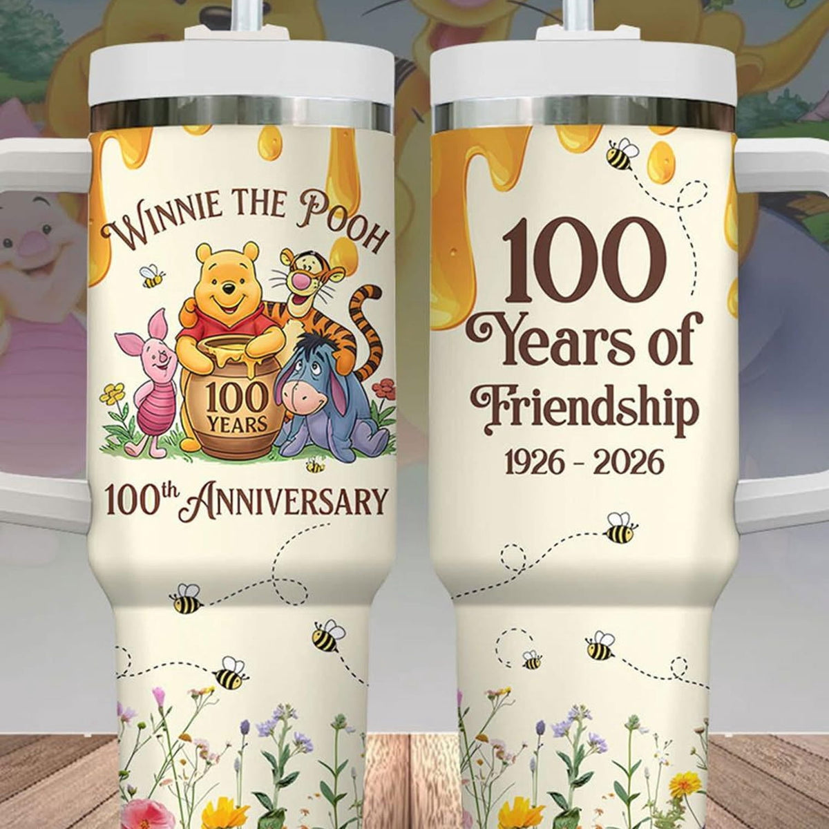 Winnie The Pooh 100th Anniversary Tumbler 40oz, CARTOON 100 Years Friendship Tumbler, CARTOON Family Trip Tumbler Cup, Pooh L