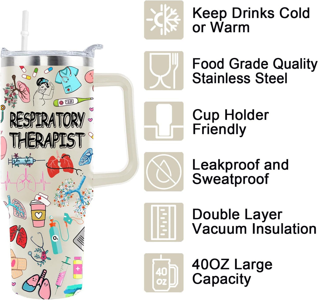 40 Oz Respiratory Therapist Tumbler Cup Respiratory Therapist Gifts Stainless Steel Insulated Travel Coffee Mug with Handle R