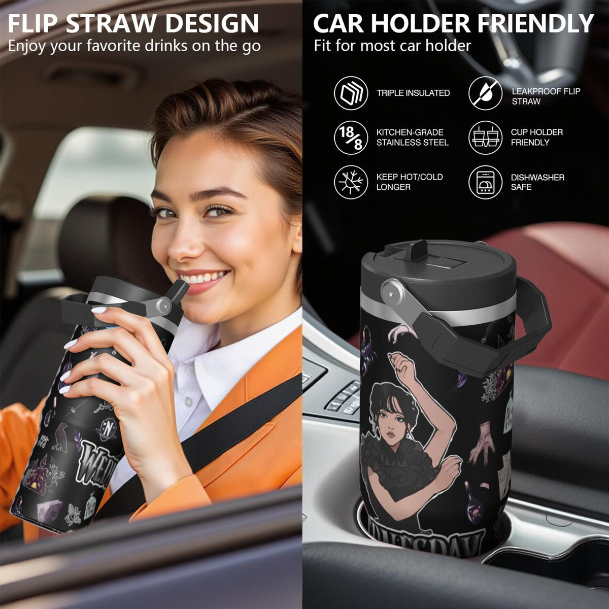 30oz Wednesday Girl Stainless Steel Tumbler with Lid and Straw,Wednesday Stuff Merchandise Spill Proof Travel Cup Double Wall