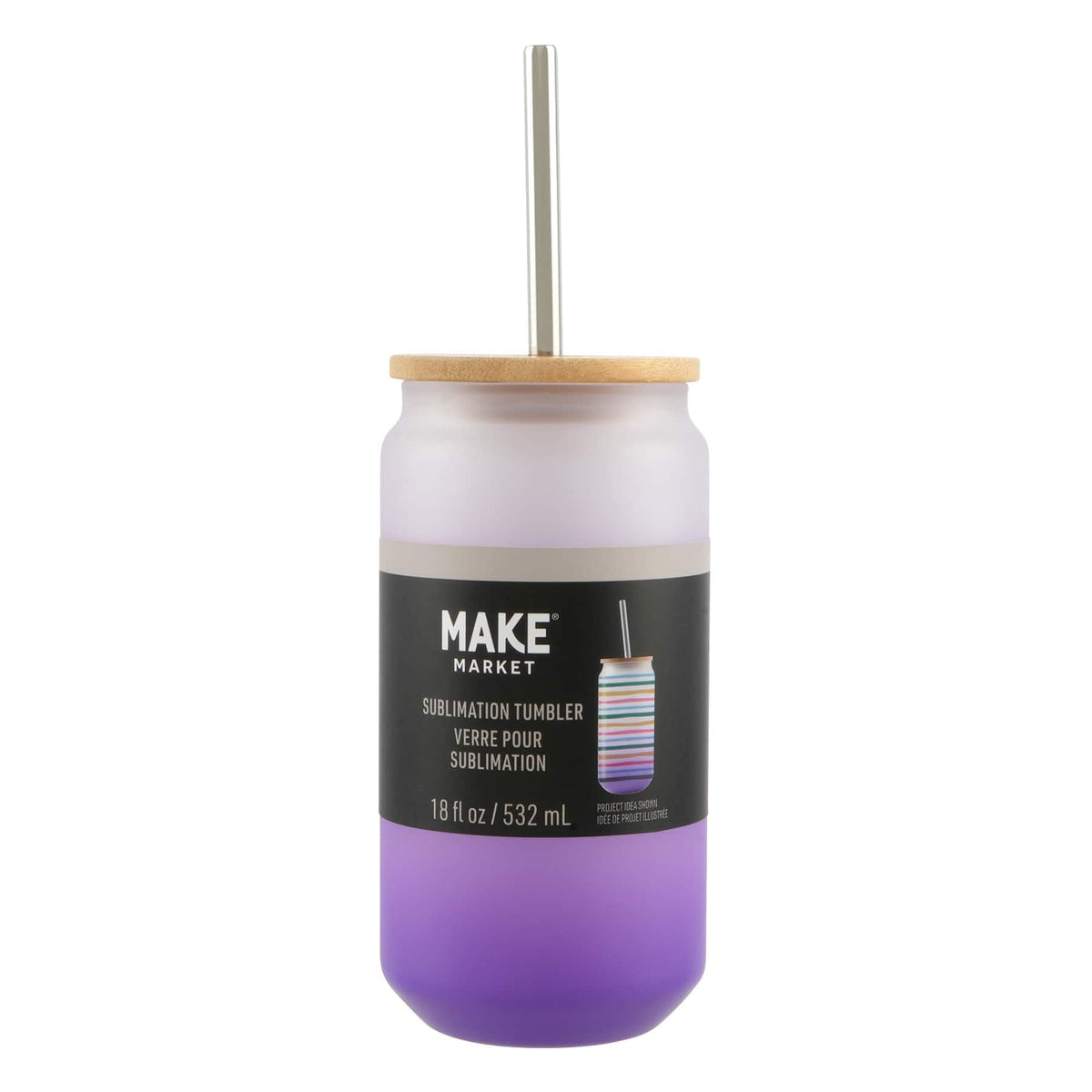 Purple Frosted Glass Sublimation Tumbler by Make Market â€“ 18oz Drinkware with Bamboo Lid & Metal Straw - Designed for Custo