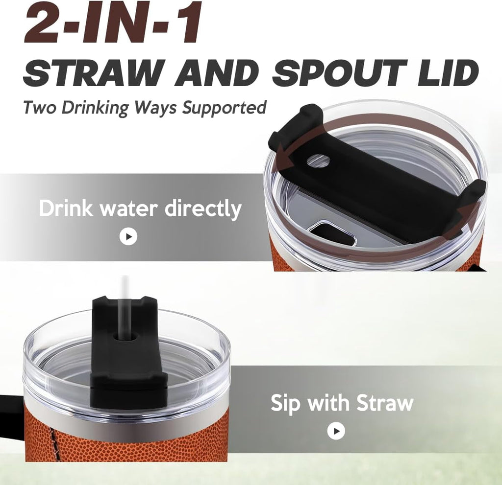 Football Tumbler with Handle 40oz Insulated Stainless Steel Cup with Lid & Straw, Travel Cup, Gifts for Men, Boys, Players, C