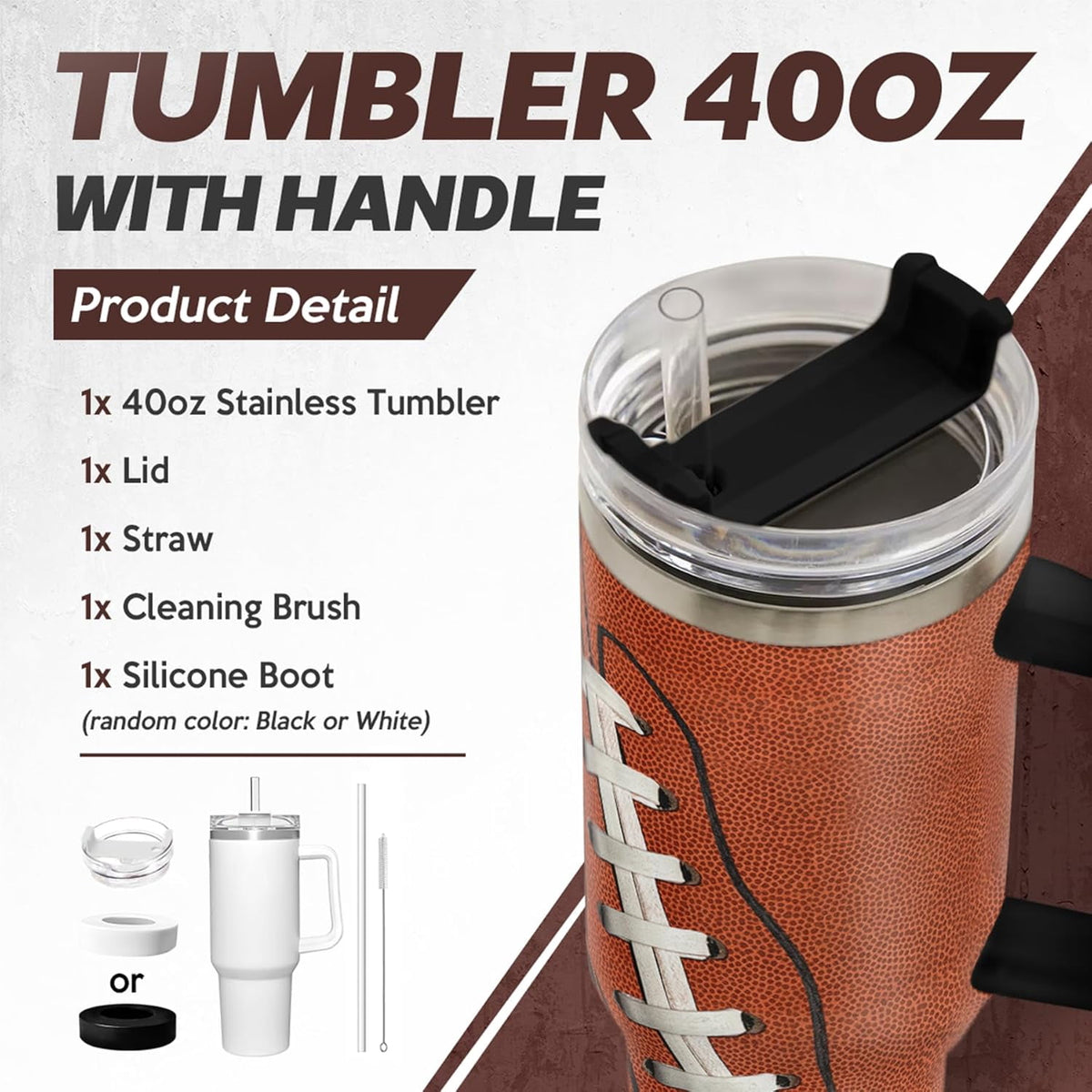 Football Tumbler with Handle 40oz Insulated Stainless Steel Cup with Lid & Straw, Travel Cup, Gifts for Men, Boys, Players, C