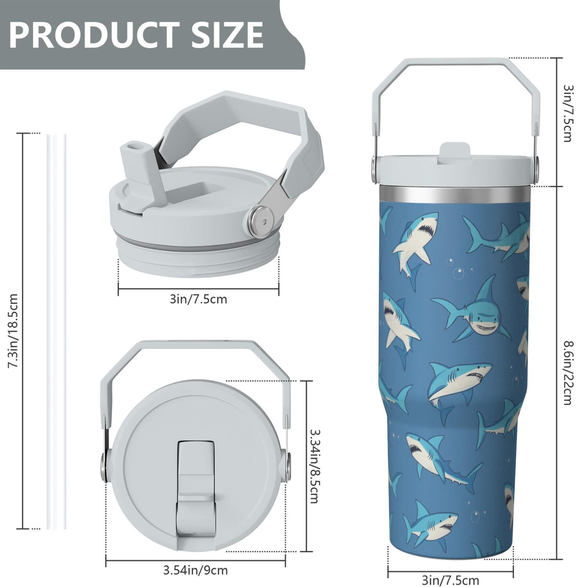 1pc shark 30oz Tumbler with Straw & Handle - Insulated Stainless Steel Cup | Holiday Gift for Man Women (Christmas, Valentine