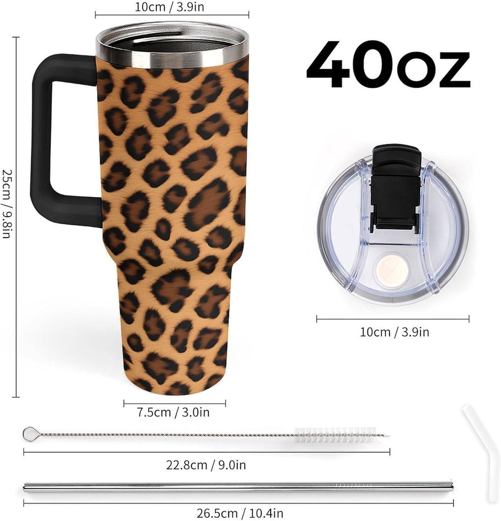 40oz Insulated Stainless Steel Tumbler with Handle, Abstract Brown Leopard Print Leakproof Water Bottles Travel Mug with Lid 