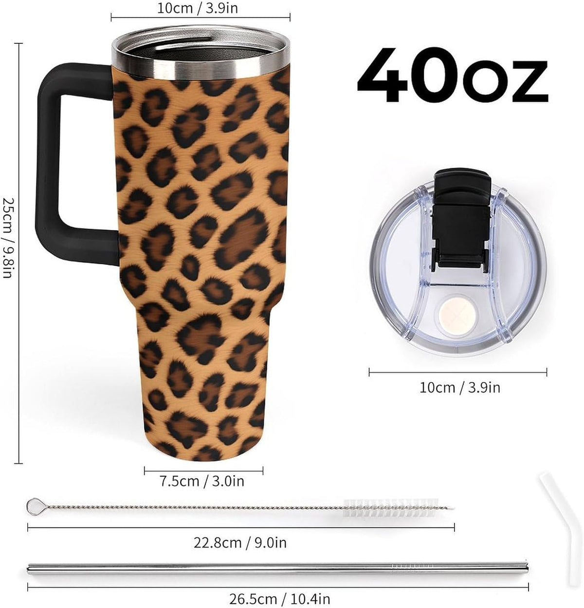 40oz Insulated Stainless Steel Tumbler with Handle, Abstract Brown Leopard Print Leakproof Water Bottles Travel Mug with Lid 