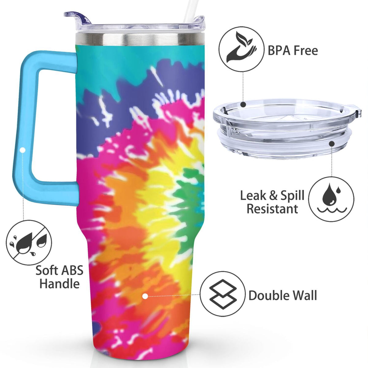 40oz Boho Tie Dye Stainless Steel Flip Straw Tumbler Spill Proof Travel Cup Double Wall Vacuum Insulated Coffee Mug with Top 
