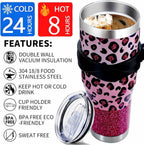 Sunmdecor Pink Leopard Print Tumbler with Handle and Silicone Straws - 40 Oz Cheetah Insulated Tumbler - Leopard Cup Gift for