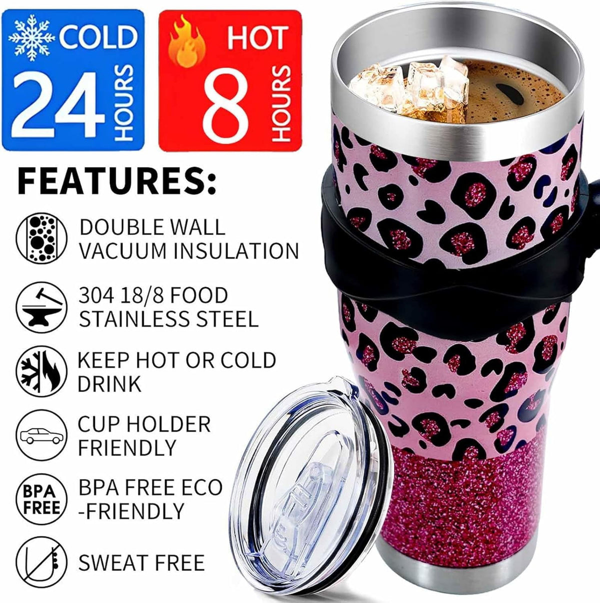 Sunmdecor Pink Leopard Print Tumbler with Handle and Silicone Straws - 40 Oz Cheetah Insulated Tumbler - Leopard Cup Gift for