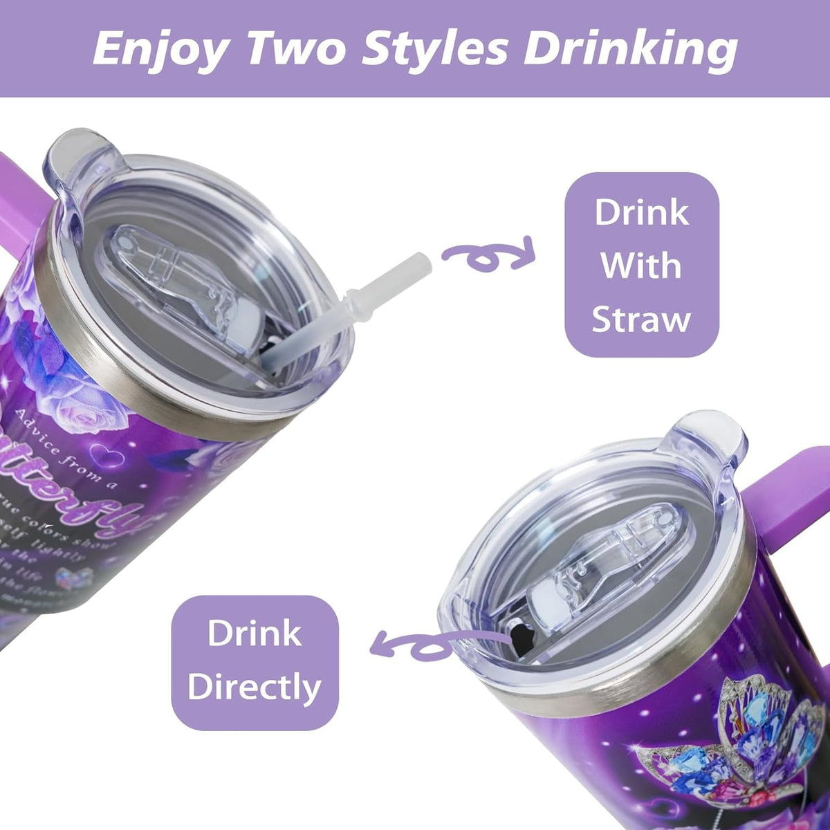 40 oz Tumbler with Handle and Straw Lid, Purple Butterfly Insulated Cup, Double Vacuum Leak Proof Coffee Travel Mug, Flower S