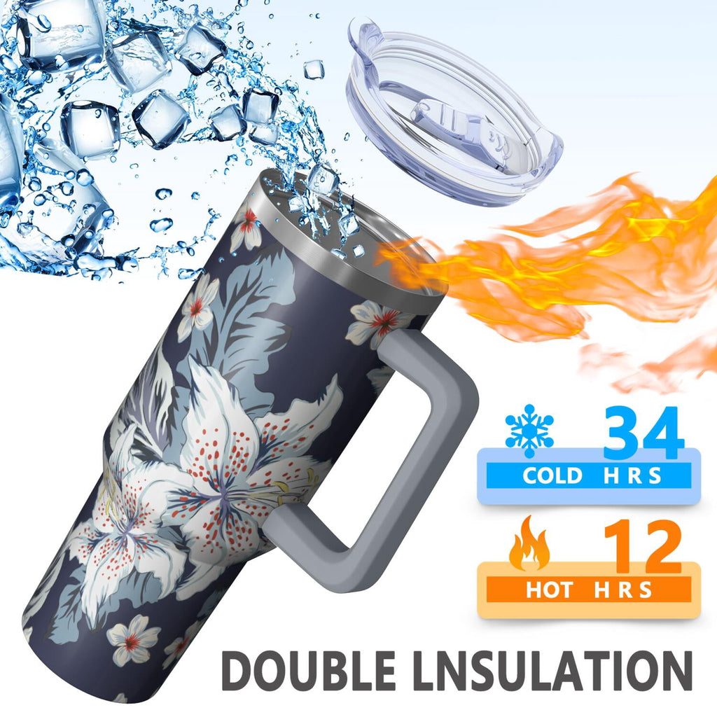 40 oz Hawaii Tropical Plants Tumbler with Handle, Flip Straw Lid, Vacuum Insulated Leak Proof Stainless Steel Cup, Travel Gif