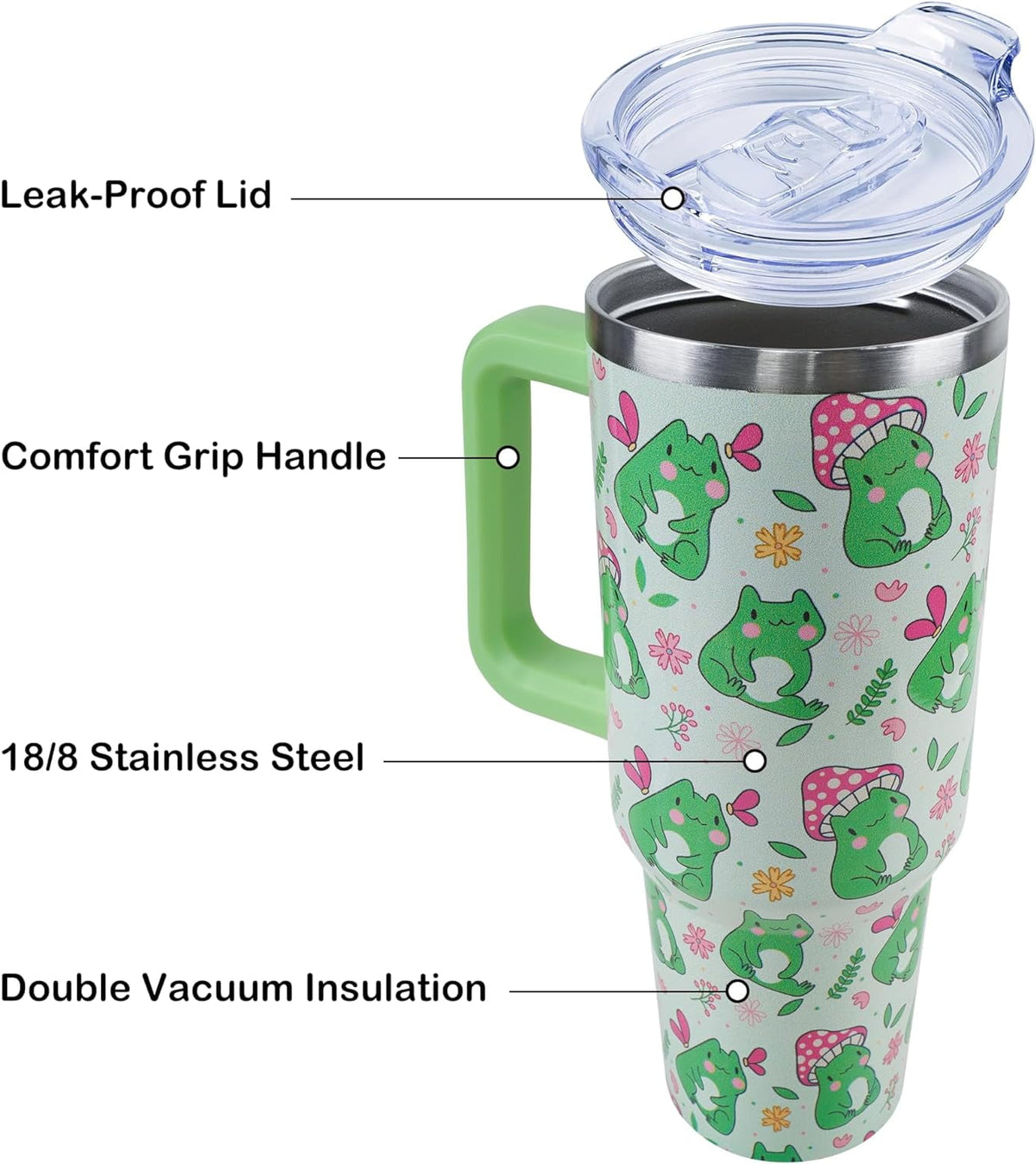 40 oz Frog Mushroom Tumbler with Handle and Straw, Travel Mug Water Bottle, Stainless Steel Insulated Cup with Lid and Straw,