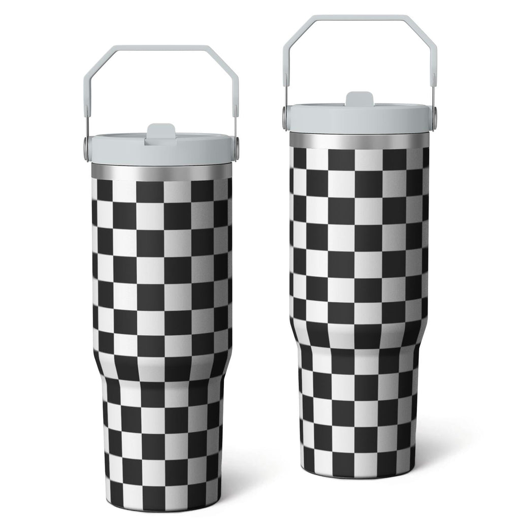 1pc Black and white grid 30oz Tumbler with Straw & Handle - Insulated Stainless Steel Cup | Holiday Gift for Man Women (Chris