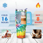 40oz Boho Tie Dye Stainless Steel Flip Straw Tumbler Spill Proof Travel Cup Double Wall Vacuum Insulated Coffee Mug with Top 