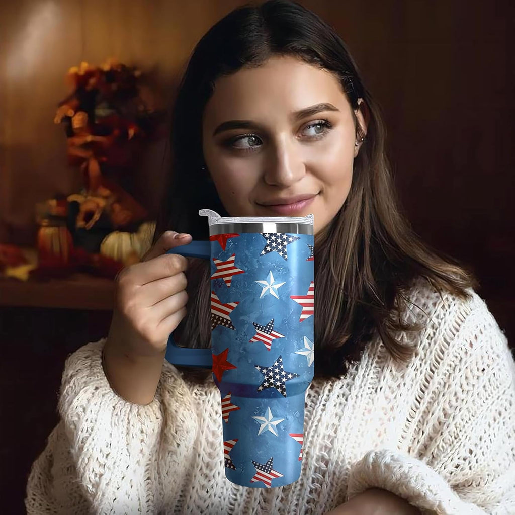 40oz American Flag 4th of july Tumbler With Handle and Straw, Gifts For Memorial Day Veterans day Independence day, Patriots 