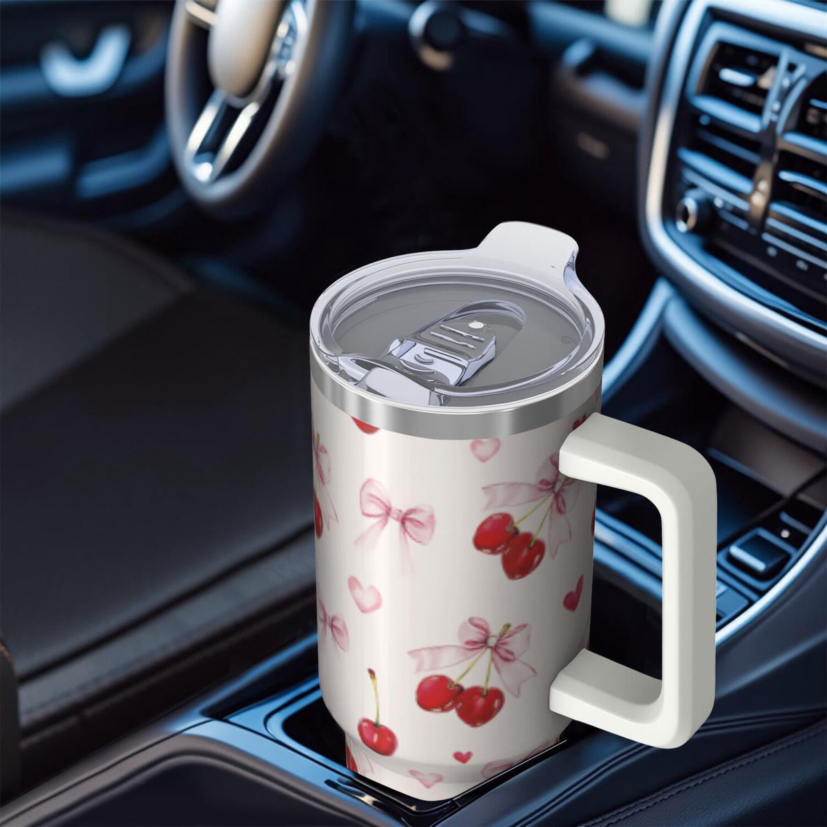 1pc cherry 40oz Tumbler with Straw & Handle - Insulated Stainless Steel Cup | Holiday Gift for Man Women (Christmas, Valentin