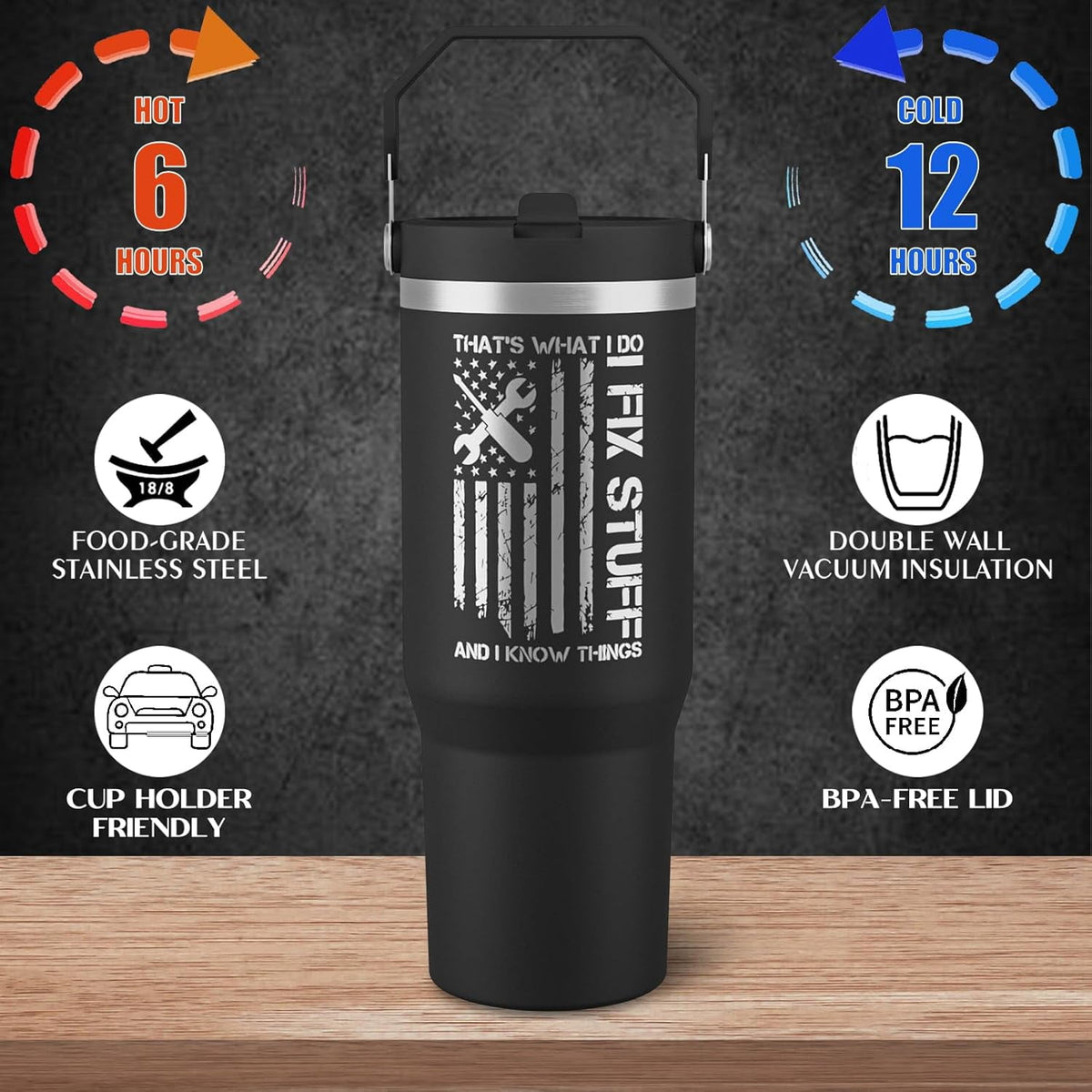 Funny Gifts For Men - That's What I Do I Fix Stuff and I Know Things Cup - 30oz Insulated Tumbler with Handle - Cool Fathers 