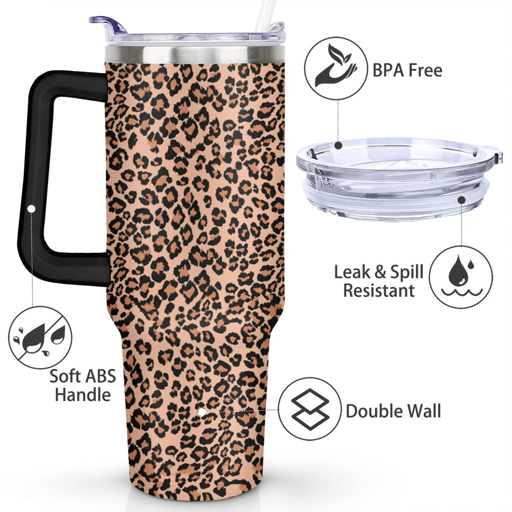 40oz Fashion Leopard Pattern Stainless Steel Flip Straw Tumbler Spill Proof Travel Cup Double Wall Vacuum Insulated Coffee Mu