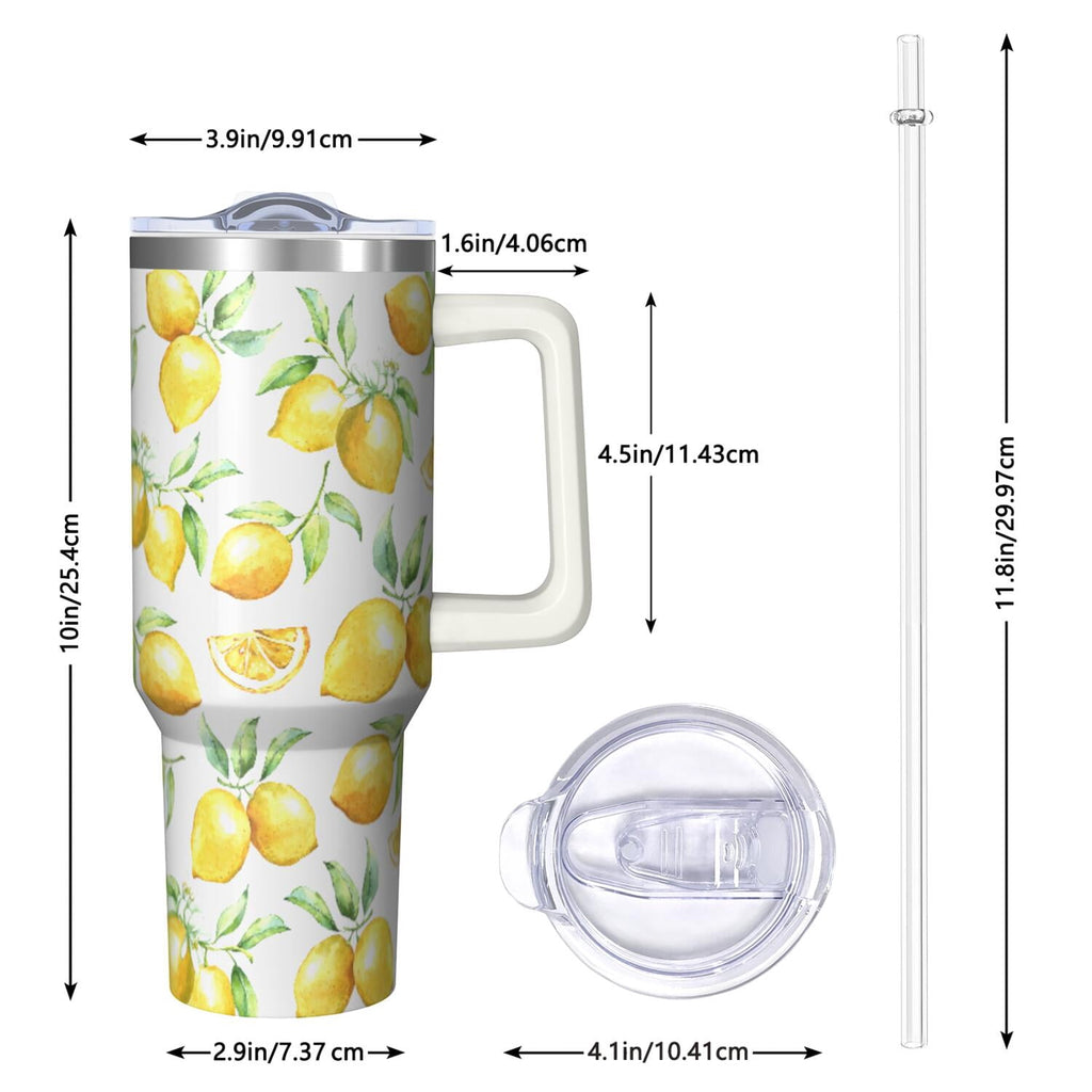 40oz Lemon Tumbler Lemon Theme 40 oz Tumbler with Handle & Straw Spill Proof Lid Double Insulated Mug Gifts for Lemon Men Wom