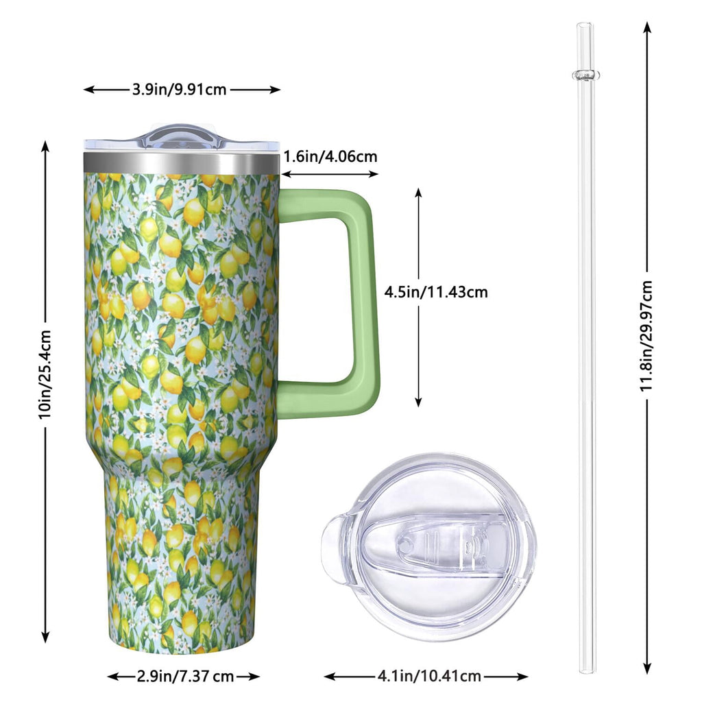 40 oz Lemon Theme Tumbler Spill Proof Lid 40oz Lemon Tumbler with Handle & Straw Double Insulated Travel Coffee Cup Lemon Lov