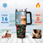 40oz Red Cherry Fruit Pattern Stainless Steel Flip Straw Tumbler Spill Proof Travel Cup Double Wall Vacuum Insulated Coffee M