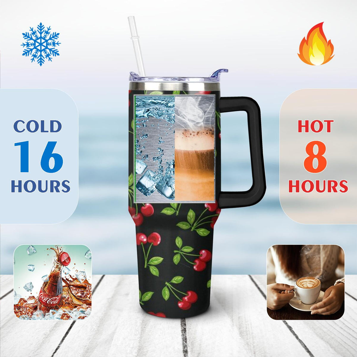 40oz Red Cherry Fruit Pattern Stainless Steel Flip Straw Tumbler Spill Proof Travel Cup Double Wall Vacuum Insulated Coffee M