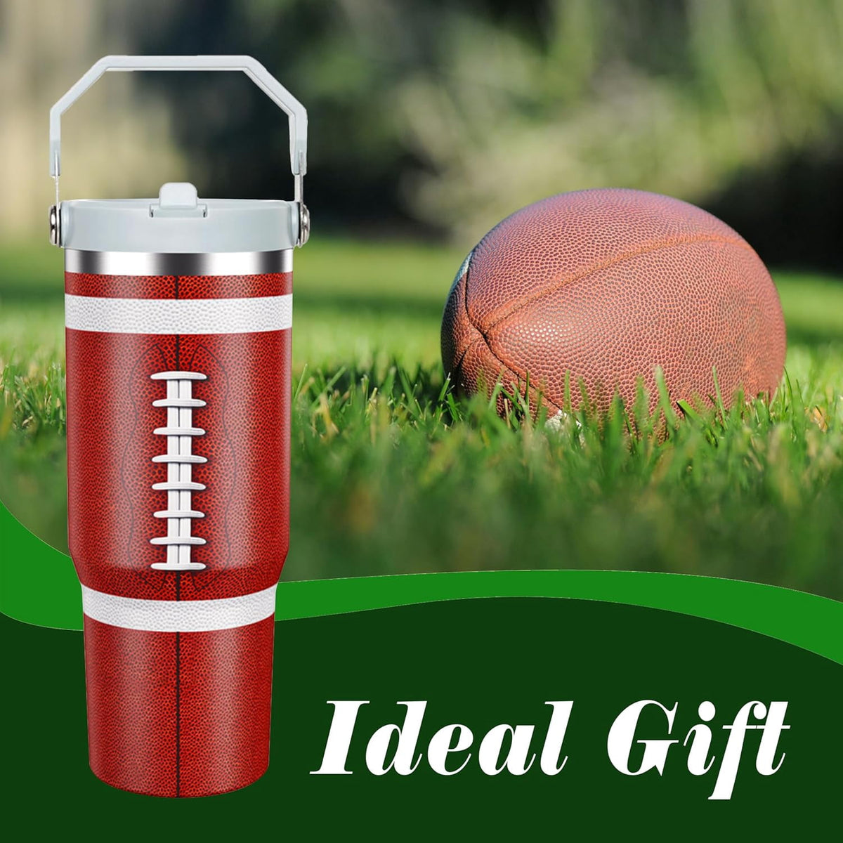 Football Lover Gift 30 oz Flip Straw Tumbler with Top Handle Football Pattern BPA-Free Leak Proof Stainless Steel Insulated V