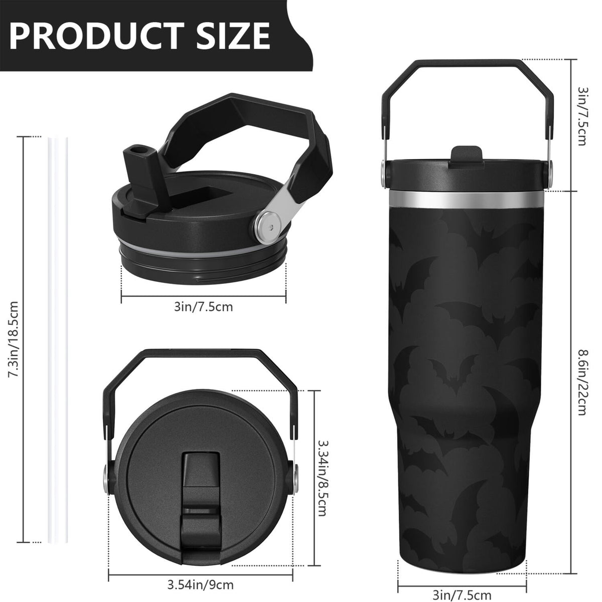 1pc Halloween Bat 30oz Tumbler with Straw & Handle - Insulated Stainless Steel Cup | Holiday Gift for Man Women (Christmas, V