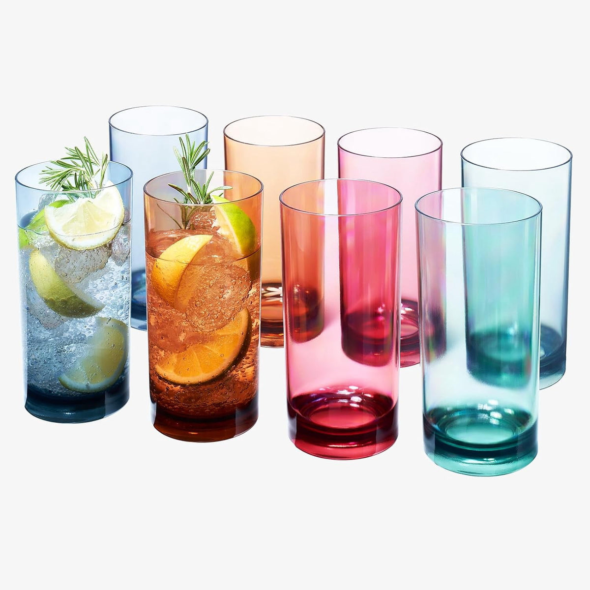 Colored Plastic Reusable Drinking Glasses | Set of 8 | Restaurant Style 16 oz Muted Acrylic Unbreakable Tall Tumbler, Juice, 