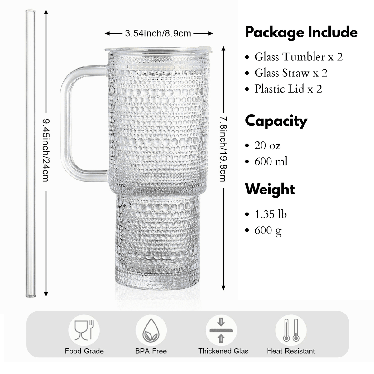 26oz Drinking Glasses with Handle & Lid – 2-Pack Large Iced Coffee Cups with Straws, Modern Glass Tumbler for Cold & Hot Beve
