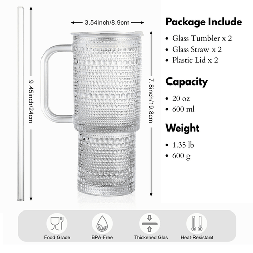 26oz Drinking Glasses with Handle & Lid – 2-Pack Large Iced Coffee Cups with Straws, Modern Glass Tumbler for Cold & Hot Beve