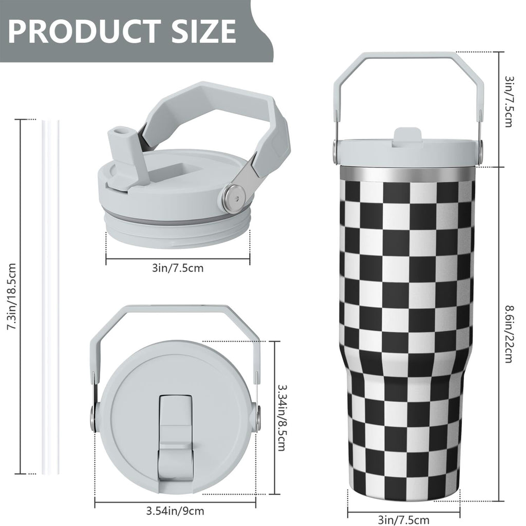 1pc Black and white grid 30oz Tumbler with Straw & Handle - Insulated Stainless Steel Cup | Holiday Gift for Man Women (Chris