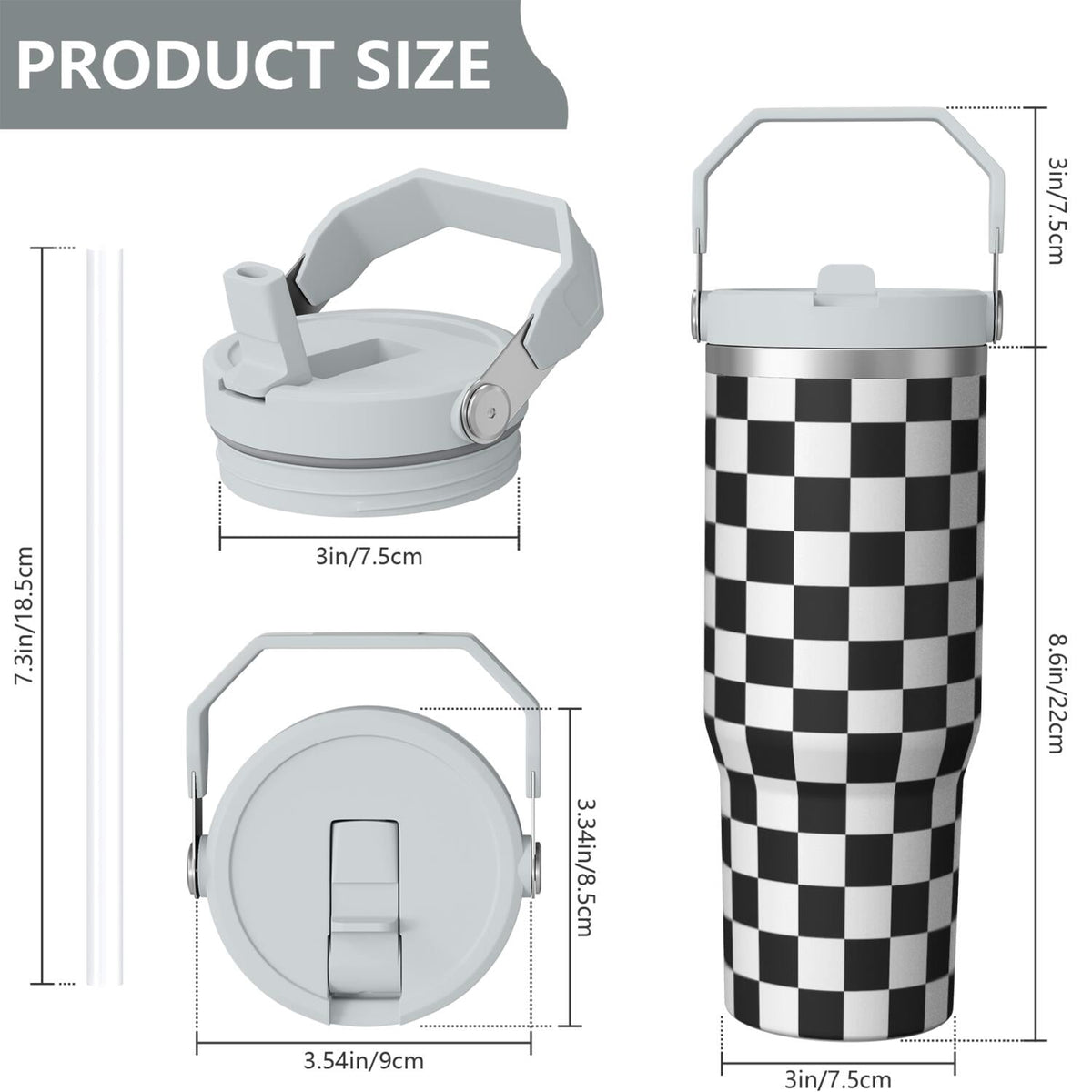 1pc Black and white grid 30oz Tumbler with Straw & Handle - Insulated Stainless Steel Cup | Holiday Gift for Man Women (Chris